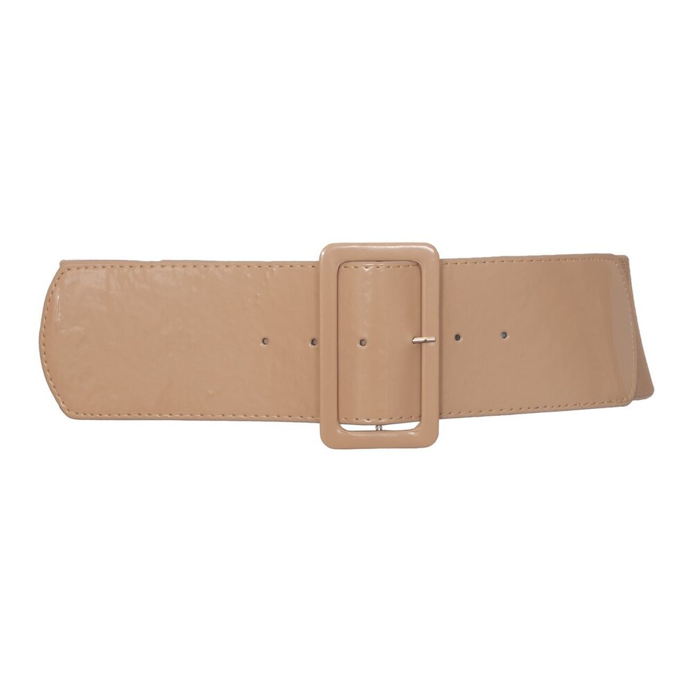 7774 Evogues Plus Size Wide Patent Leather Fashion Belt Beige- One
